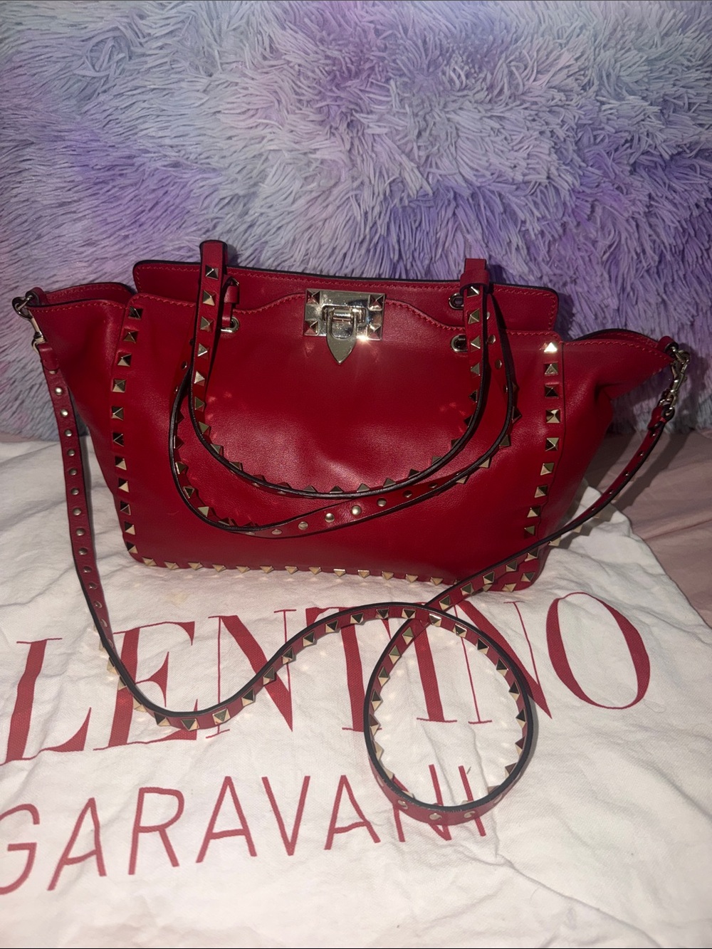 Valentino Red Leather Rockstud Shoulder Bag with Gold Hardware